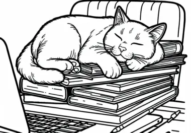 Katze schläft auf Bücherstapel – Malvorlage gratis