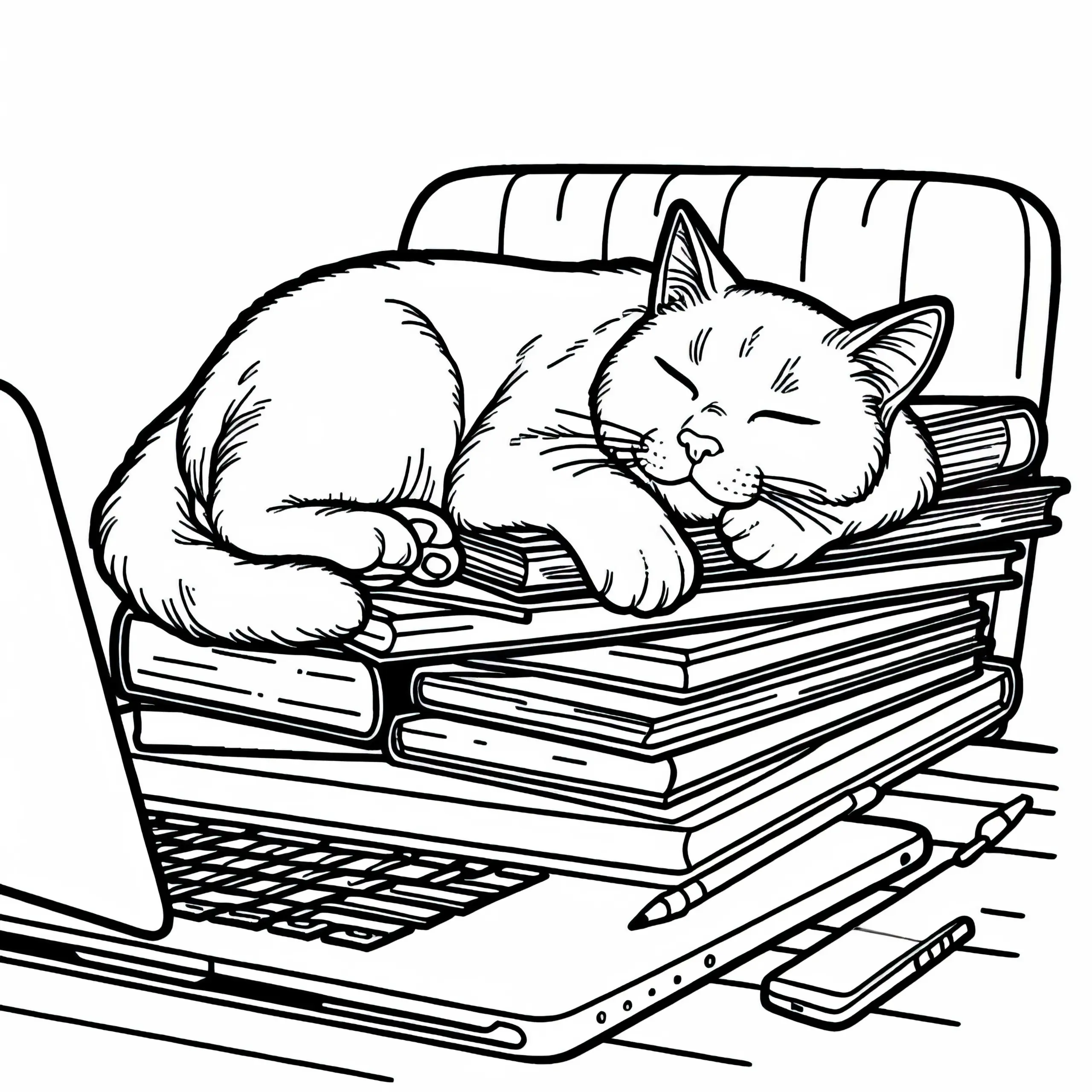 Katze schläft auf Bücherstapel – Malvorlage gratis (Ausmalbild)