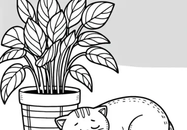 Katze schläft neben Topfpflanze – Malvorlage Zimmerpflanzen kostenlos