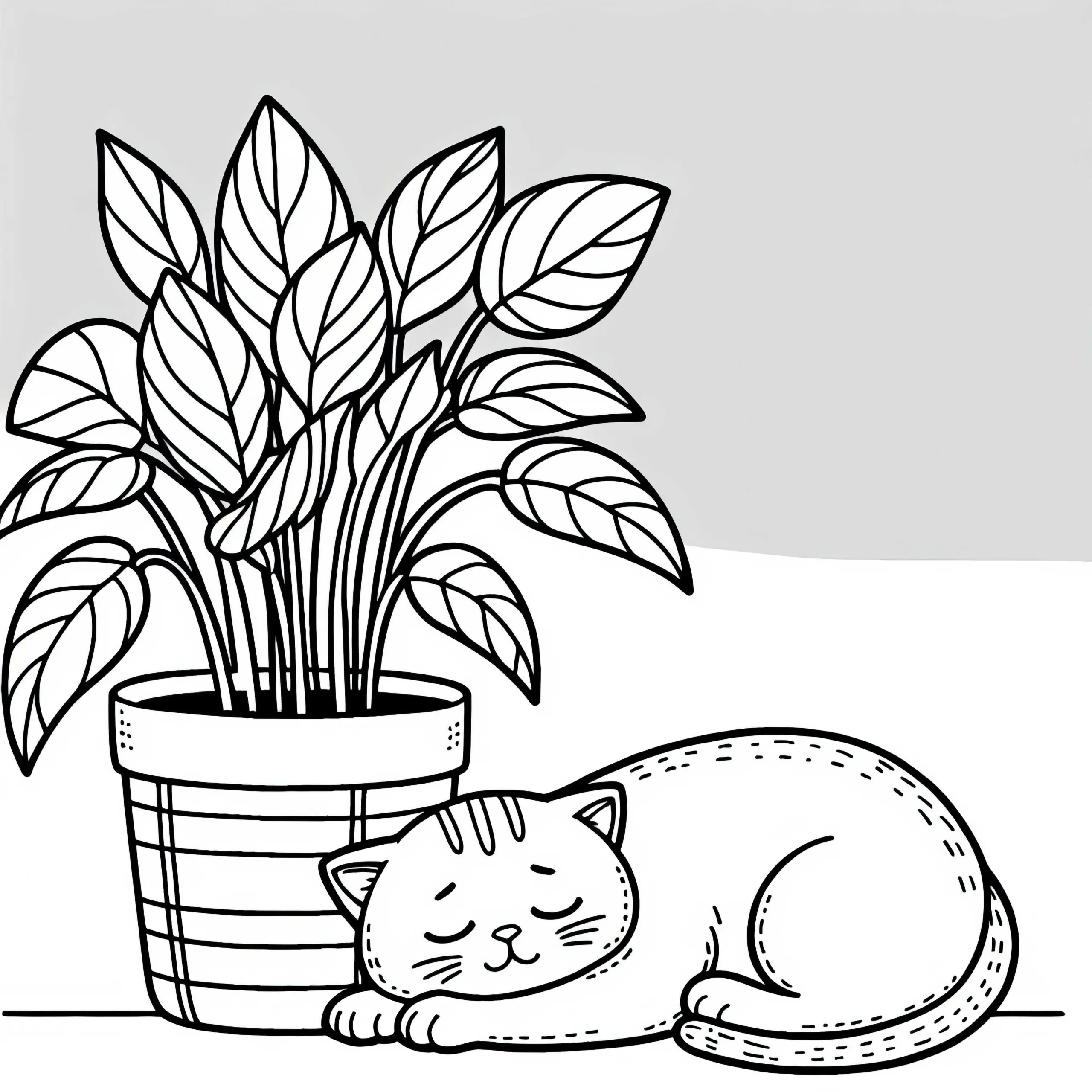 Katze schläft neben Topfpflanze – Malvorlage Zimmerpflanzen kostenlos (Ausmalbild)