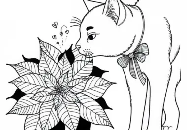 Katze schnuppert an Blume Weihnachtsstern Malvorlage kostenlos