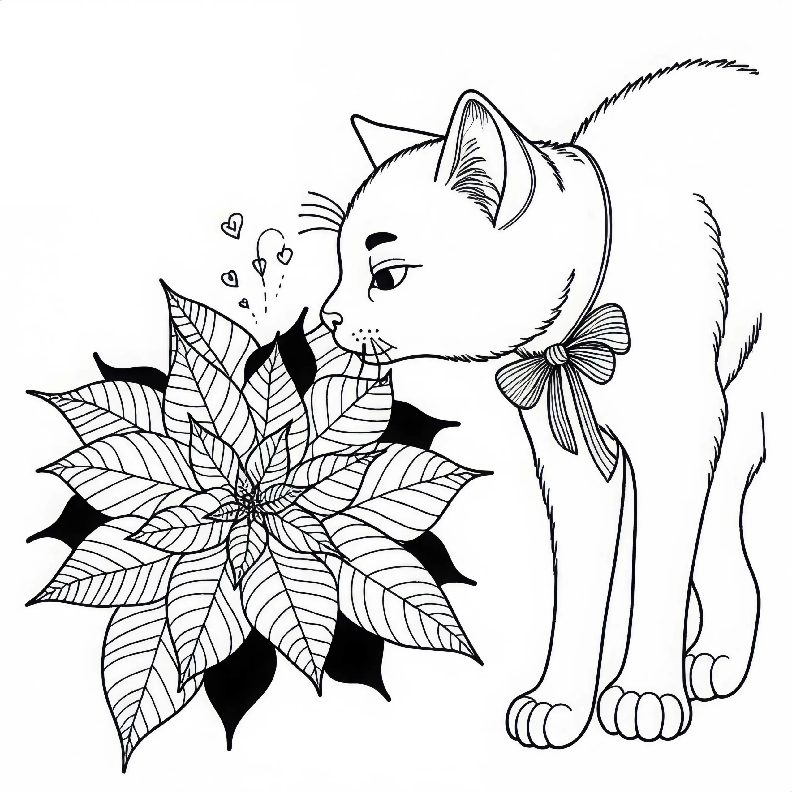 Katze schnuppert an Blume Weihnachtsstern Malvorlage kostenlos (Ausmalbild)