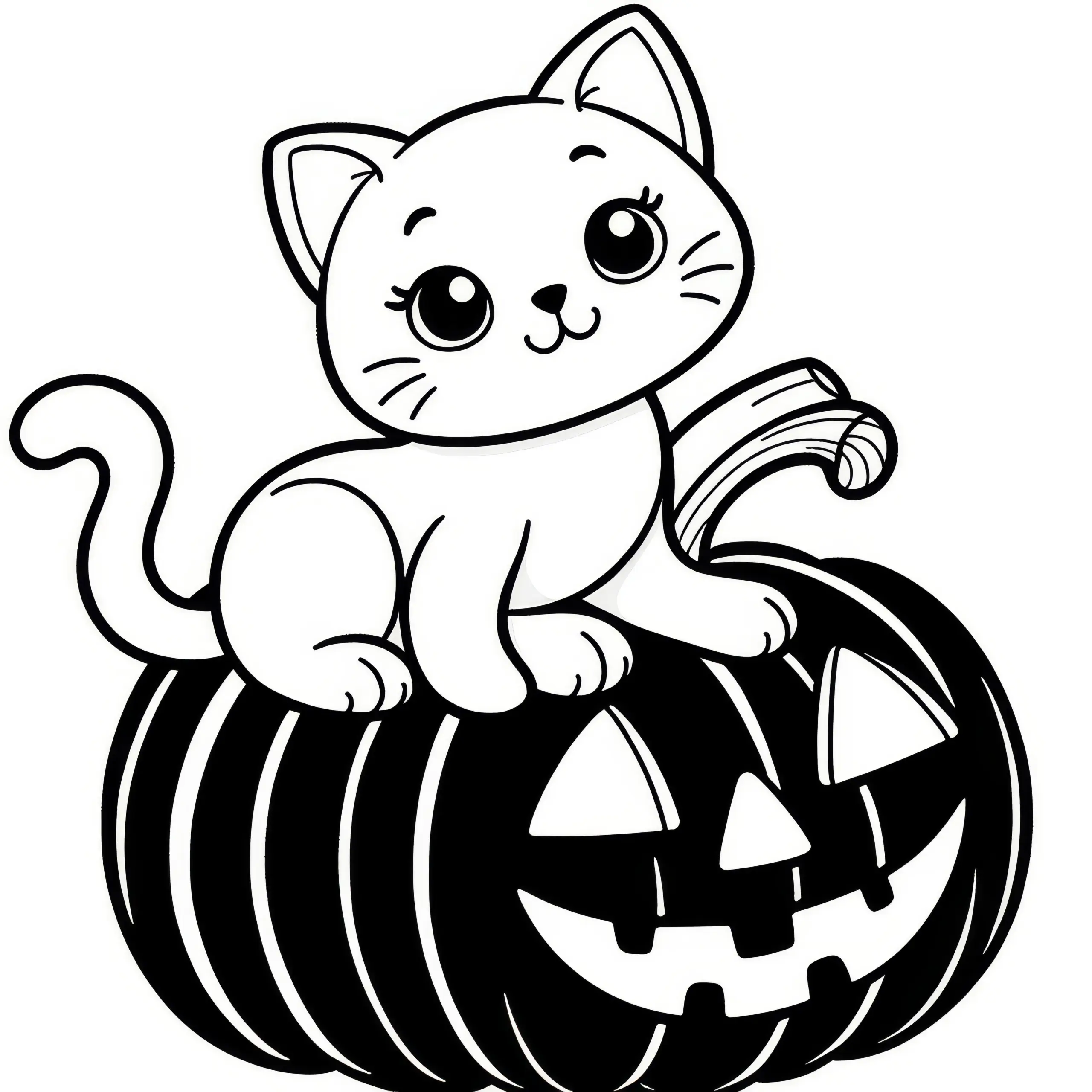 Katze sitz auf Kürbis: Halloween Malvorlage zum Download (Kostenlos) (Ausmalbild)