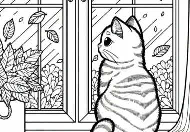 Katze sitzt am Fenster und beobachtet fallende Blätter – Malvorlage Herbst kostenlos