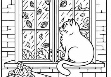 Katze sitzt auf Fensterbank – Malvorlage kostenlos herunterladen