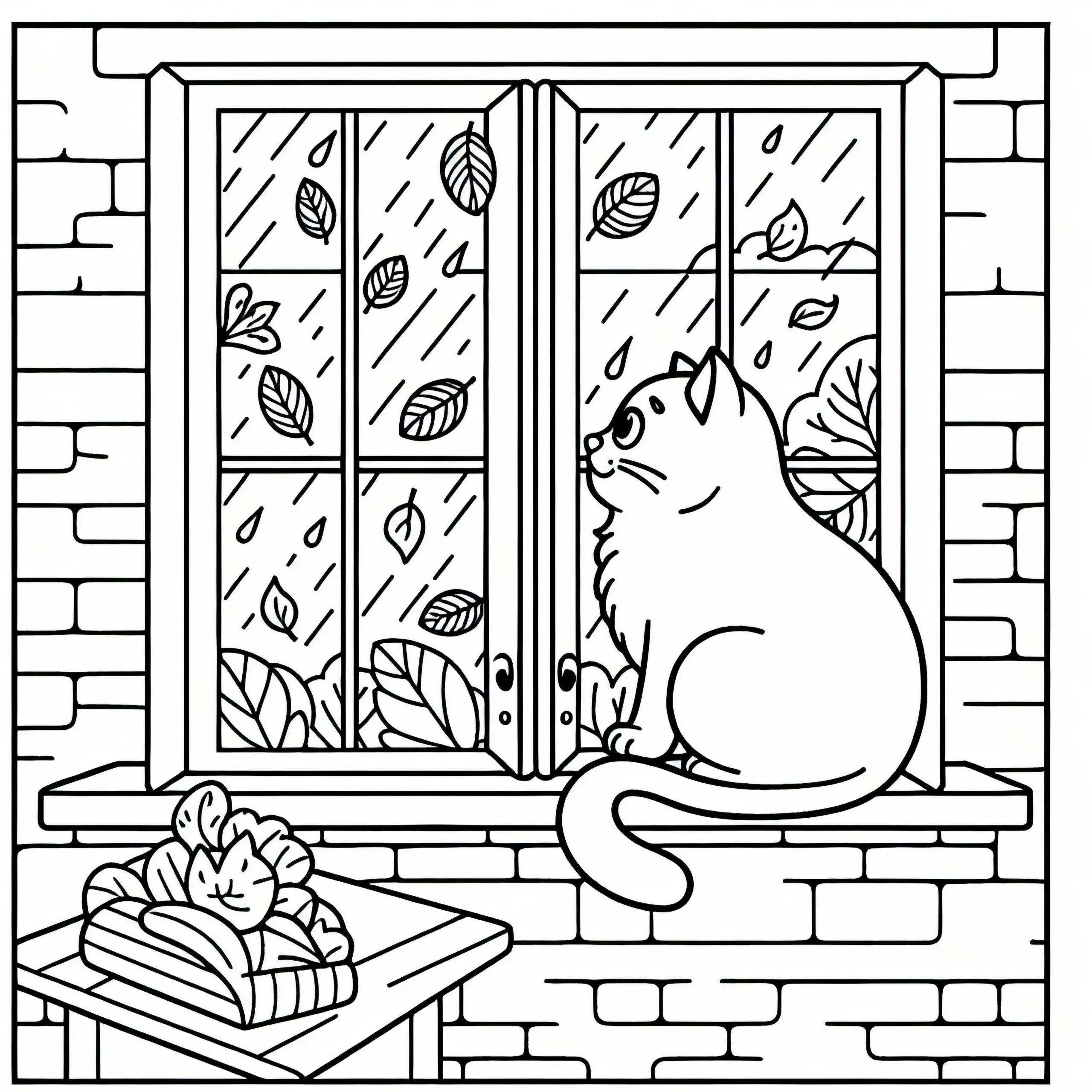 Katze sitzt auf Fensterbank – Malvorlage kostenlos herunterladen (Ausmalbild)