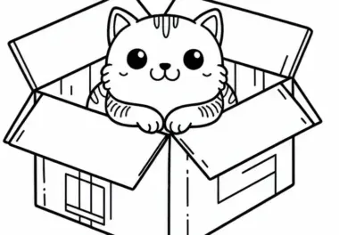 Katze sitzt in Pappkarton – Ausmalbild kostenlos