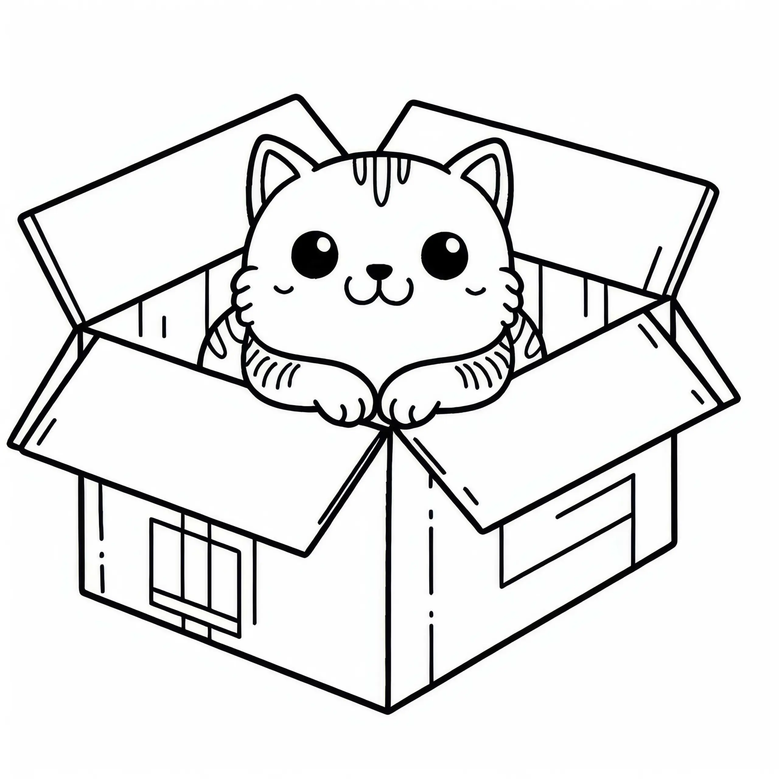 Katze sitzt in Pappkarton – Ausmalbild kostenlos