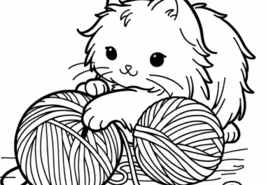 Katze spielt mit Wollknäuel – Ausmalbild kostenlos