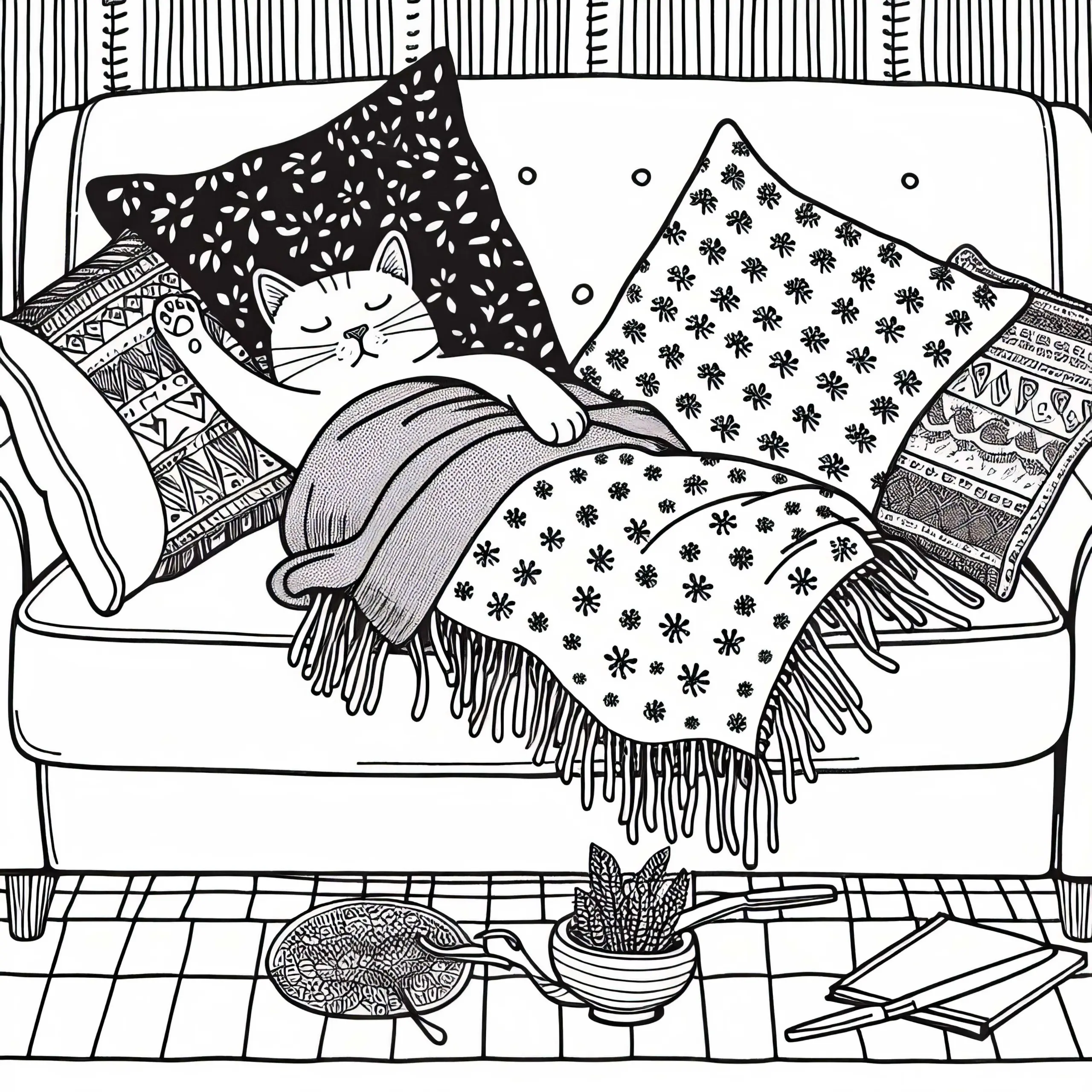 Katze streckt sich genüsslich auf Sofa – Ausmalbild kostenlos