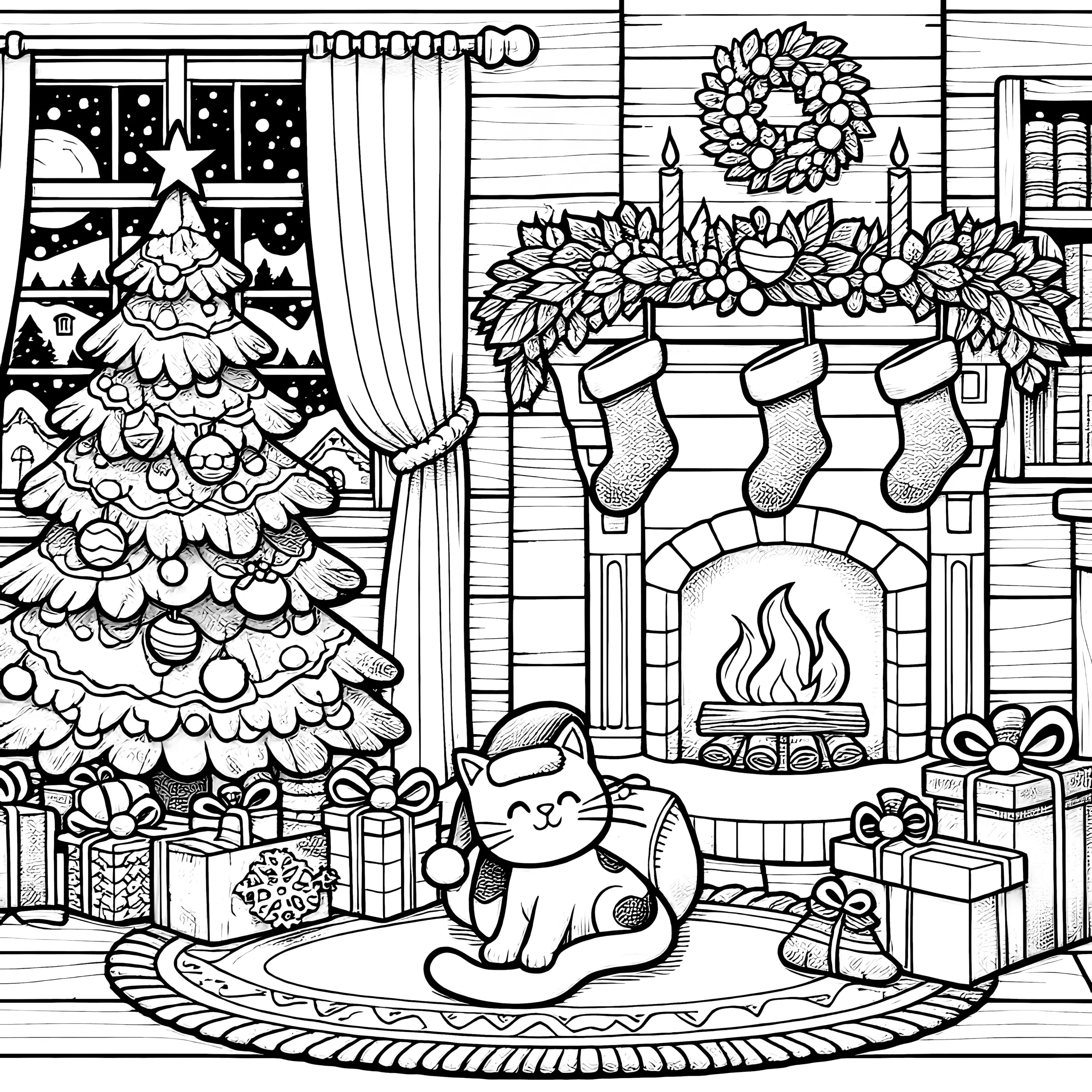 Katze vor Kamin & Weihnachtsbaum (Malvorlage) (Ausmalbild)