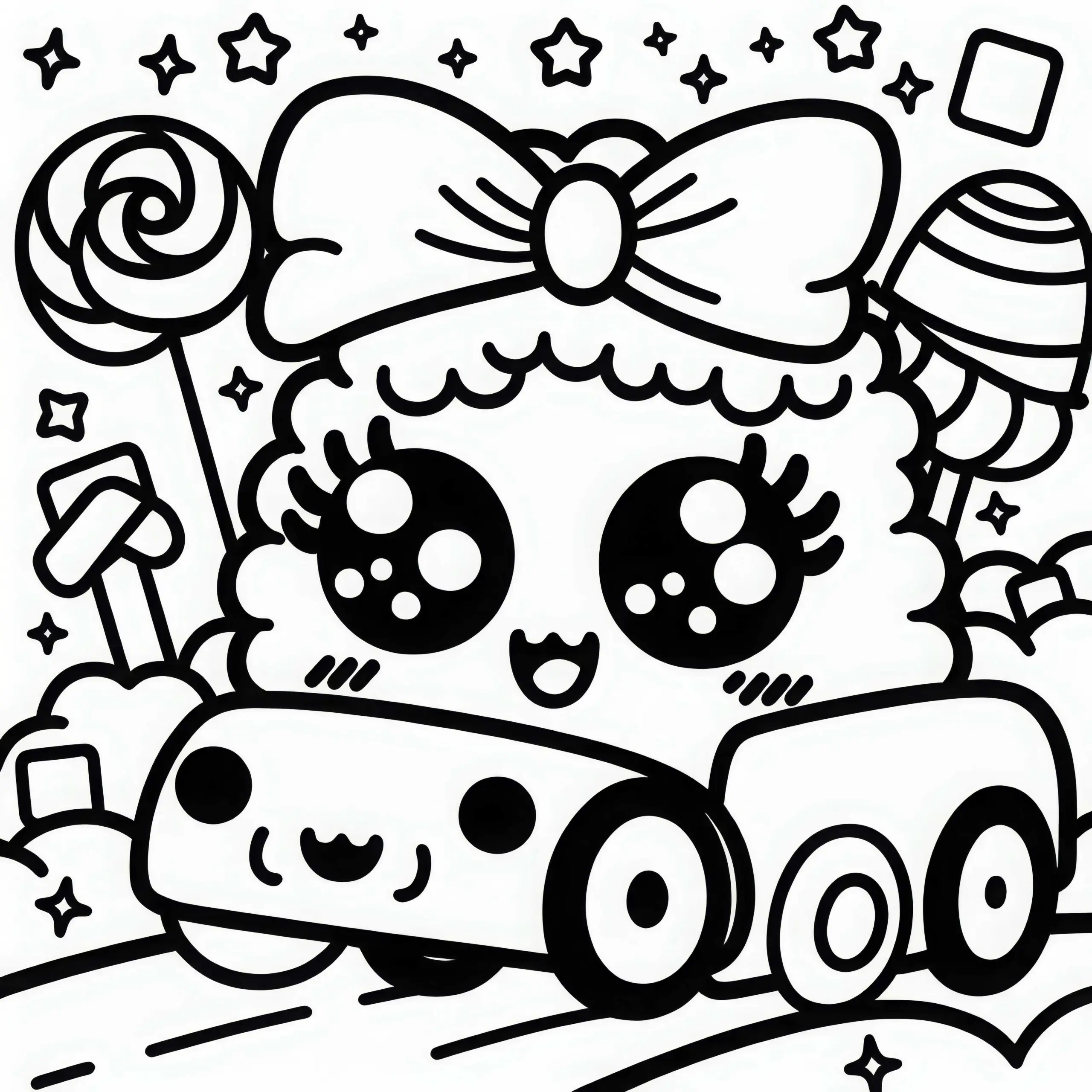 Kawaii-Auto mit Wimpern und Schleife fährt fröhlich durch Bonbon-Landschaft – Malvorlage kostenlos (Ausmalbild)