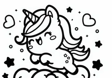 Kawaii Einhorn springt fröhlich über flauschige Wolken – Malvorlage kostenlos