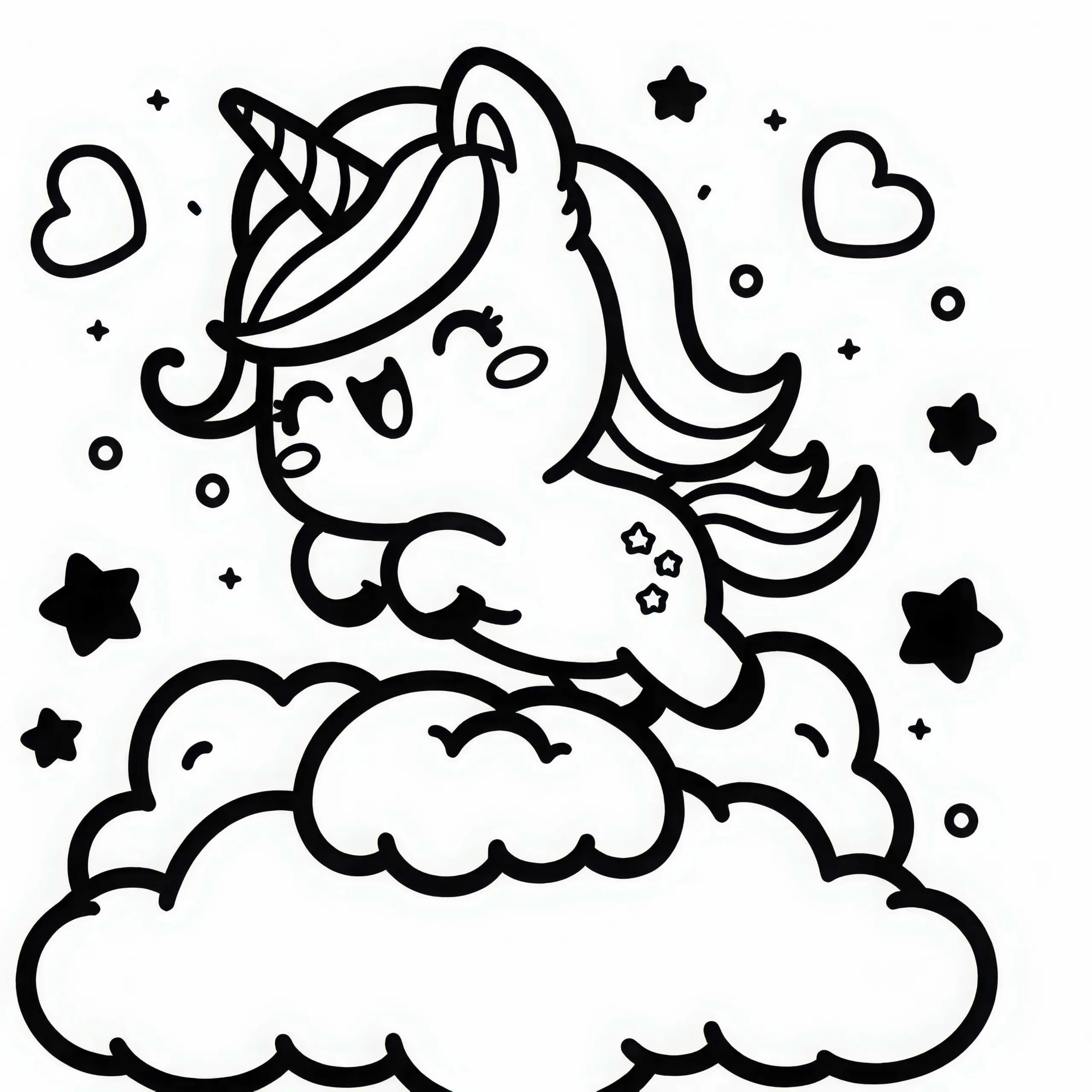 Kawaii Einhorn springt fröhlich über flauschige Wolken – Malvorlage kostenlos (Ausmalbild)