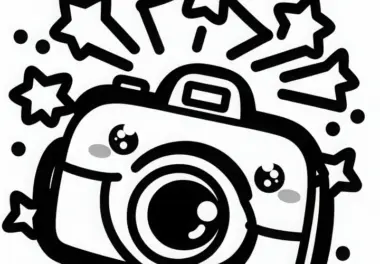 Kawaii Fotoapparat blitzt und lässt kleine Sternchen fliegen – Malvorlage kostenlos