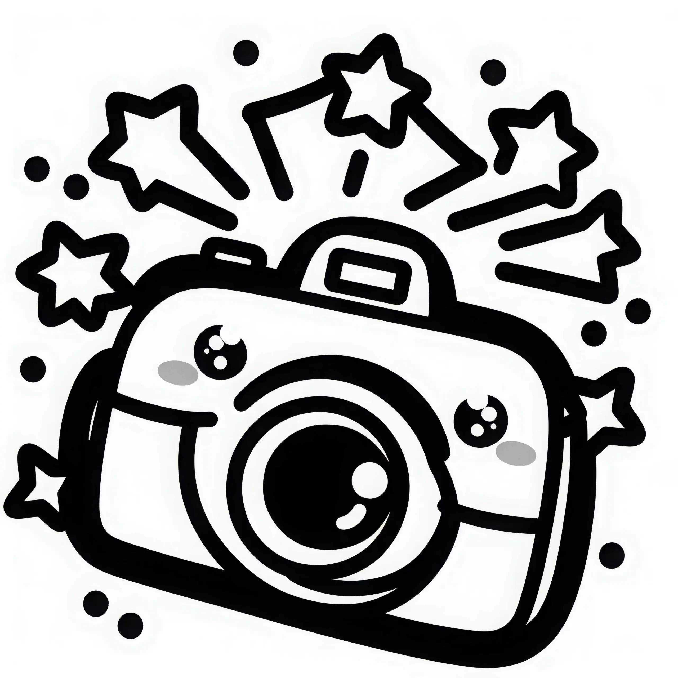 Kawaii Fotoapparat blitzt und lässt kleine Sternchen fliegen – Malvorlage kostenlos (Ausmalbild)
