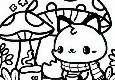 Kawaii Fuchs sitzt mit Schal unter Pilz und trinkt Tee – Malvorlage kostenlos