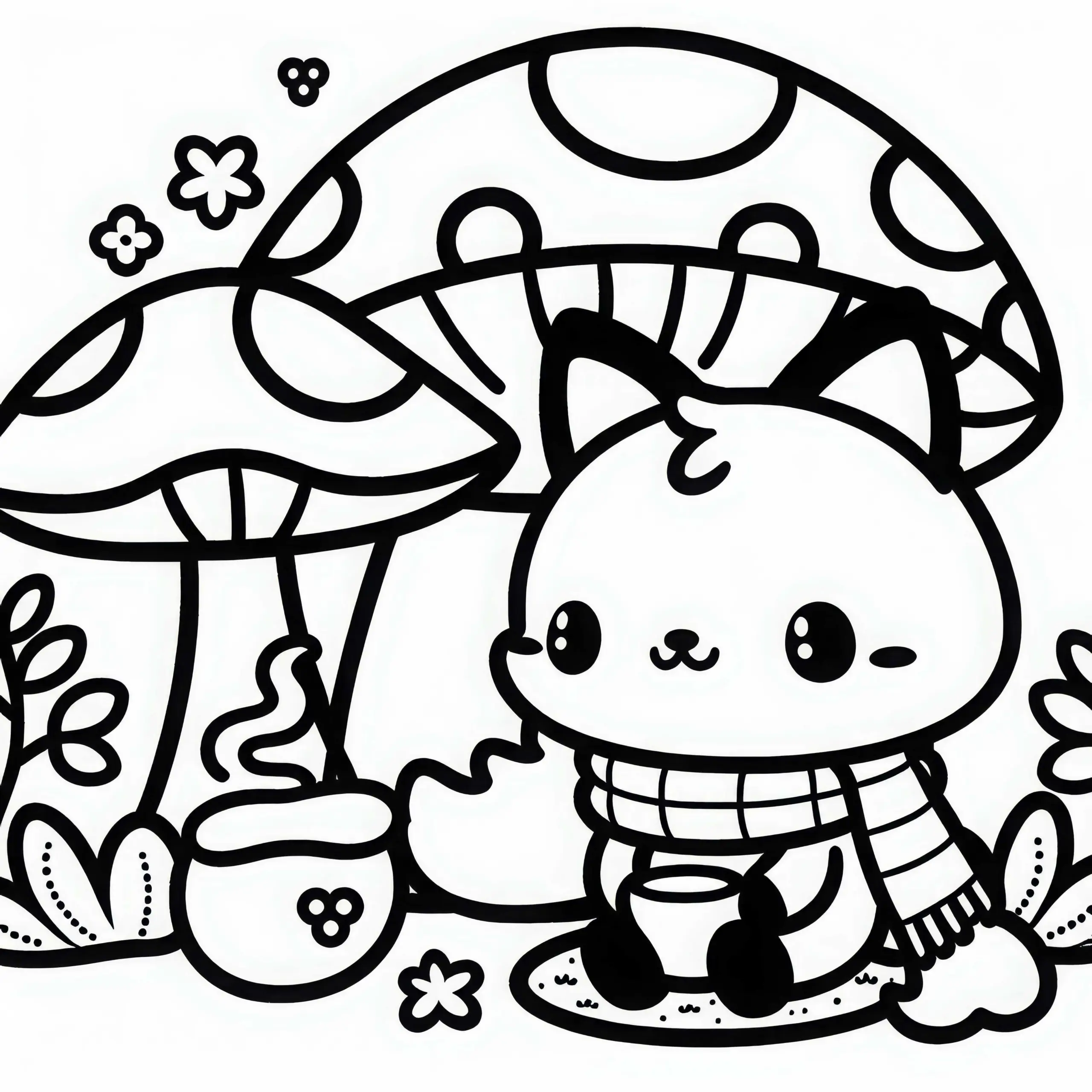 Kawaii Fuchs sitzt mit Schal unter Pilz und trinkt Tee – Malvorlage kostenlos (Ausmalbild)