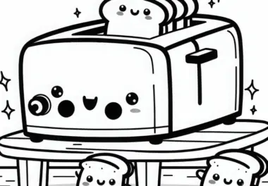 Kawaii-Toaster mit lächelndem Toast springt auf Frühstückstisch herum – Malvorlage kostenlos