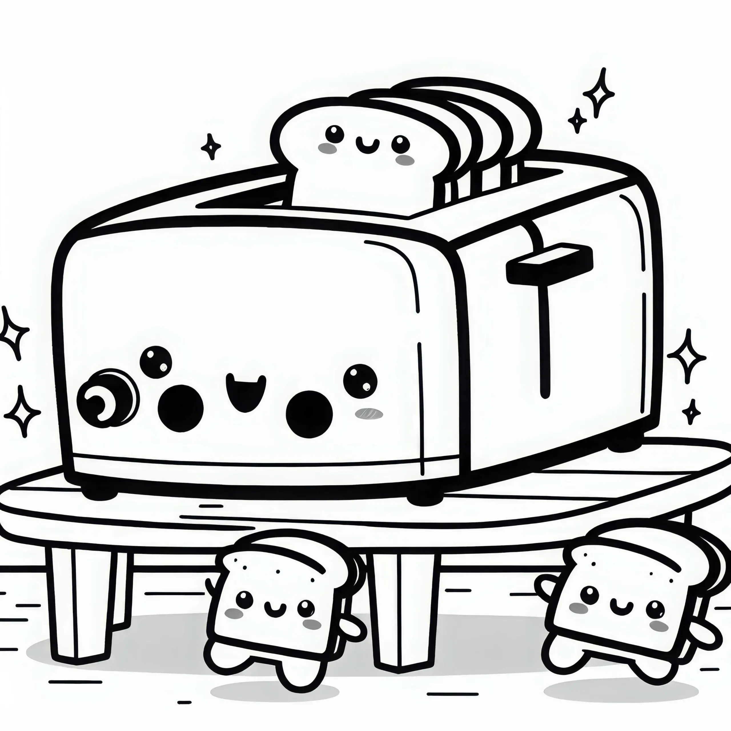 Kawaii-Toaster mit lächelndem Toast springt auf Frühstückstisch herum – Malvorlage kostenlos (Ausmalbild)