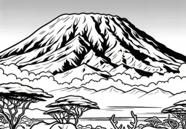 Kilimandscharo mit schneebedecktem Gipfel und Tieren davor – Malvorlage aus Afrika kostenlos