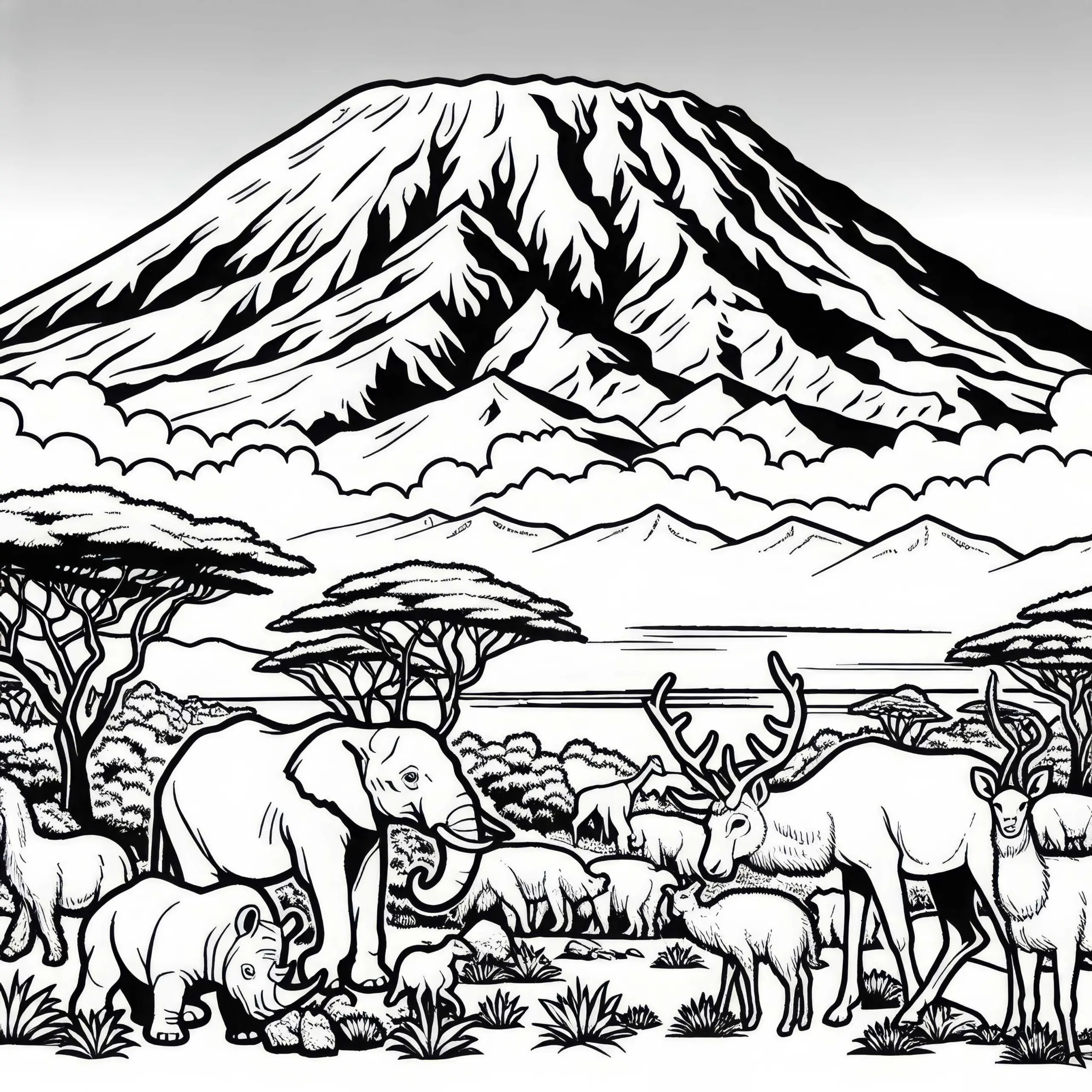 Kilimandscharo mit schneebedecktem Gipfel und Tieren davor – Malvorlage aus Afrika kostenlos (Ausmalbild)