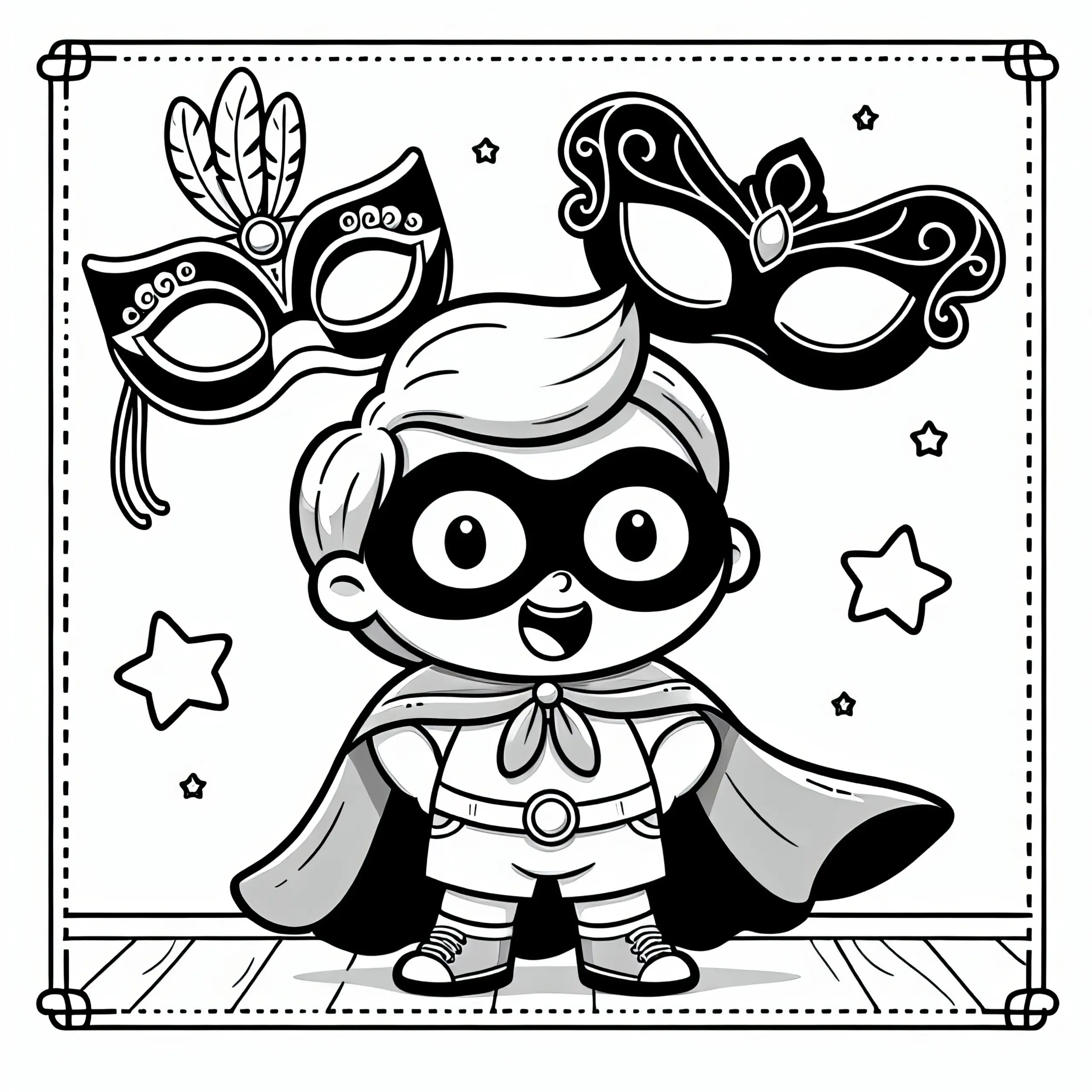 # Kind als Superheld mit Umhang und Maske verkleidet (Ausmalbild)