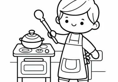 Kinder backen fantasievoll mit Schürze in Spielküche – Ausmalbild gratis