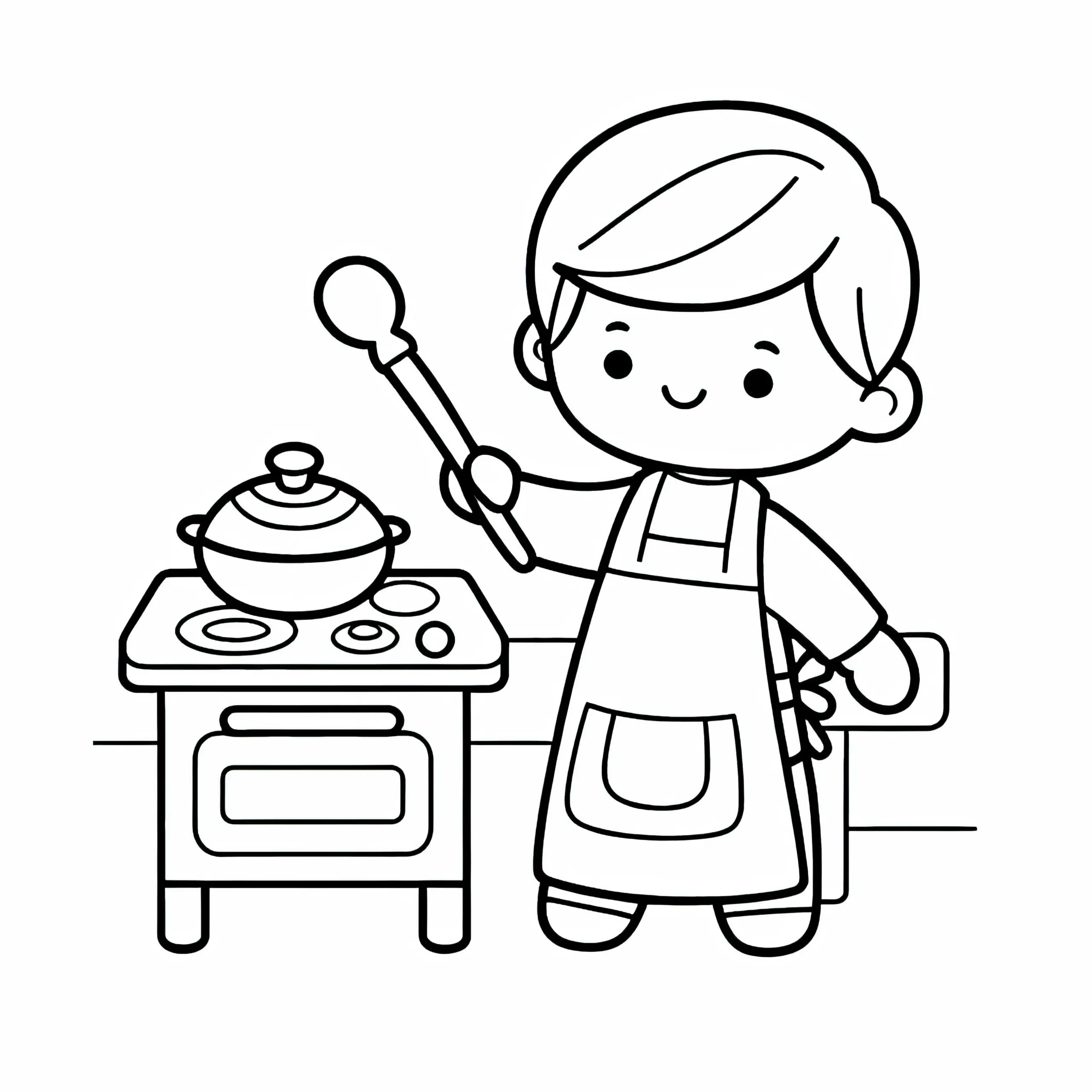 Kinder backen fantasievoll mit Schürze in Spielküche – Ausmalbild gratis