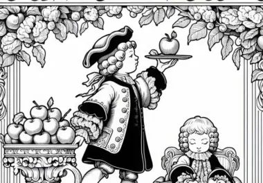 Kind balanciert Apfel auf Tablett beim Üben der höfischen Haltung – Malvorlage Barockzeit kostenlos