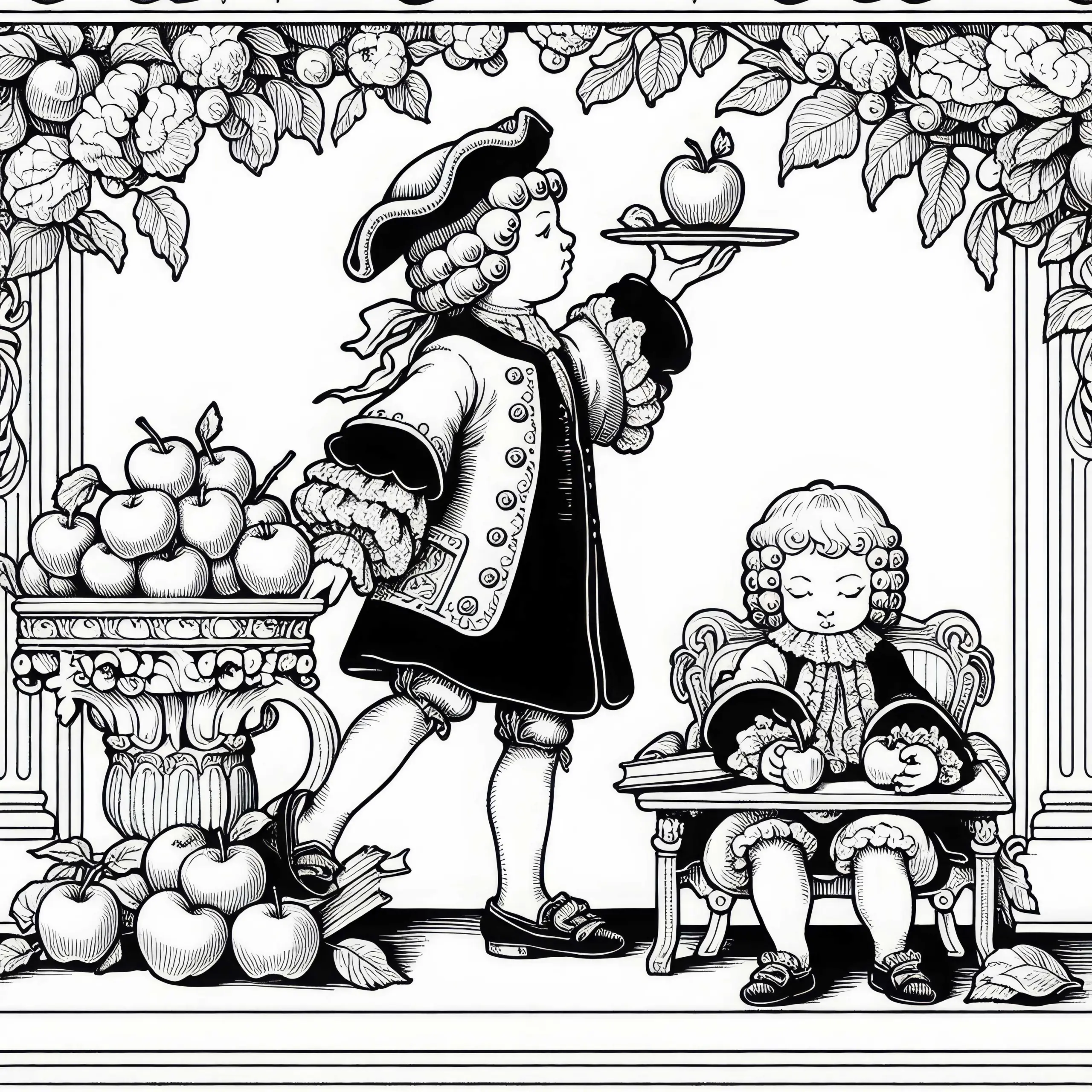 Kind balanciert Apfel auf Tablett beim Üben der höfischen Haltung – Malvorlage Barockzeit kostenlos (Ausmalbild)