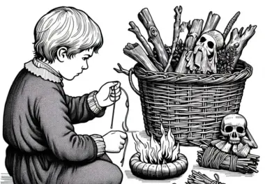 Kind bastelt einen kleinen Schutzanhänger aus Holz – Ausmalbild zur Hexenverfolgung kostenlos