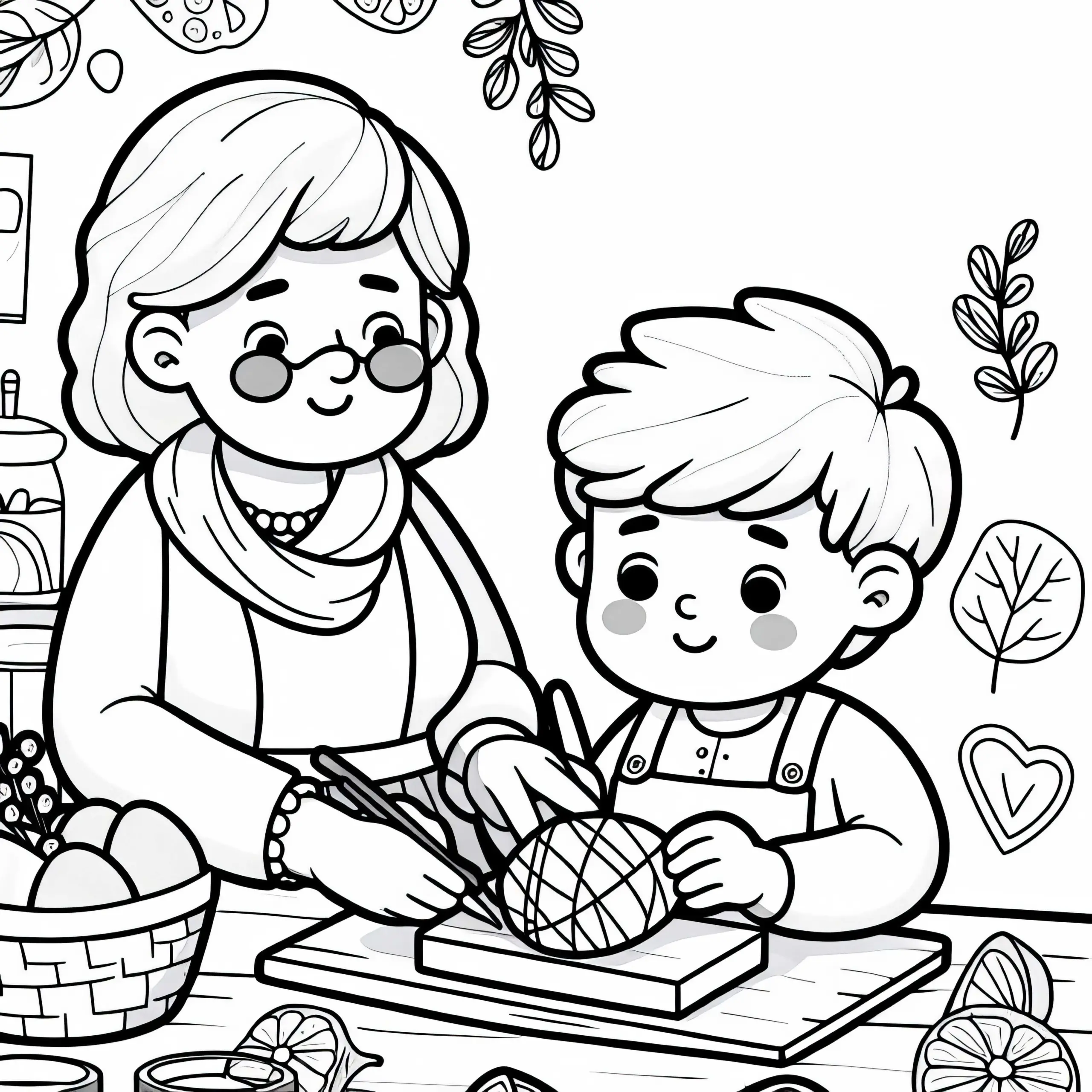 Kind bastelt mit Oma – Geschenk Malvorlage kostenlos (Ausmalbild)