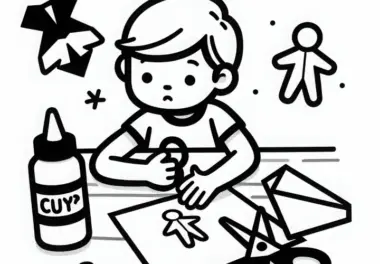 Kind bastelt Papierfiguren mit Schere und Kleber – Ausmalbild kostenlos