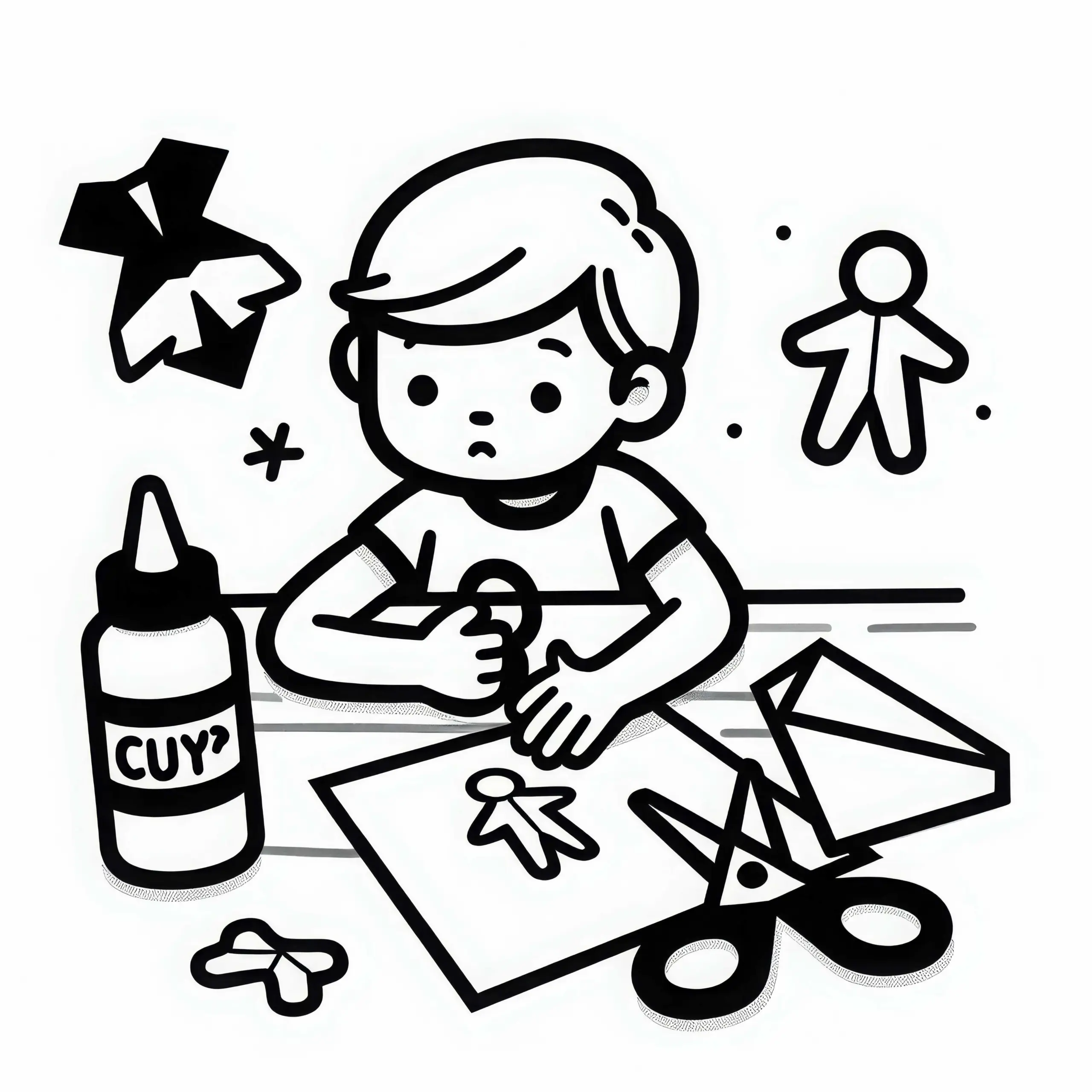 Kind bastelt Papierfiguren mit Schere und Kleber – Ausmalbild kostenlos