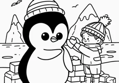 Kind baut Schneepinguin mit Mütze – Ausmalbild aus der Antarktis kostenlos