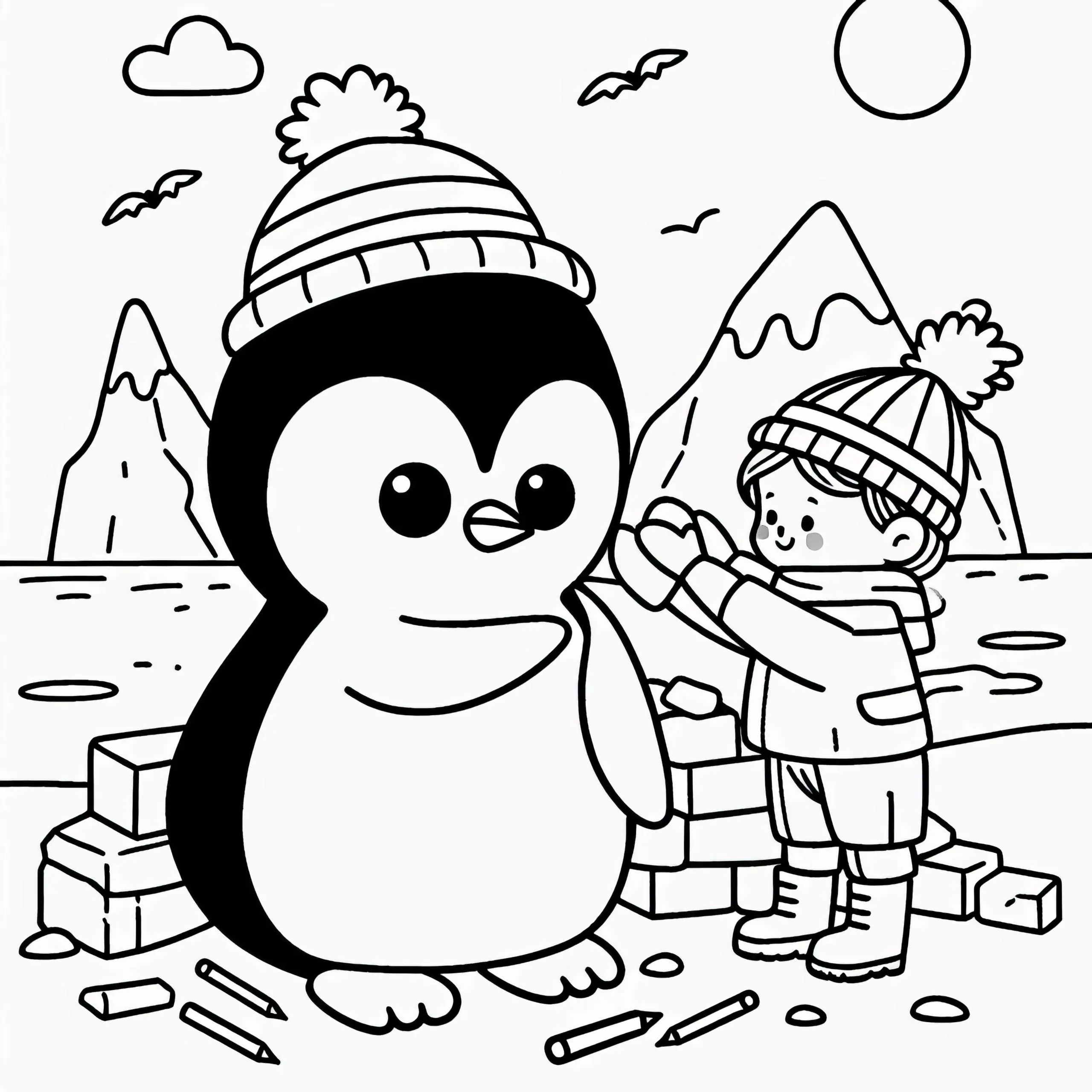 Kind baut Schneepinguin mit Mütze – Ausmalbild aus der Antarktis kostenlos