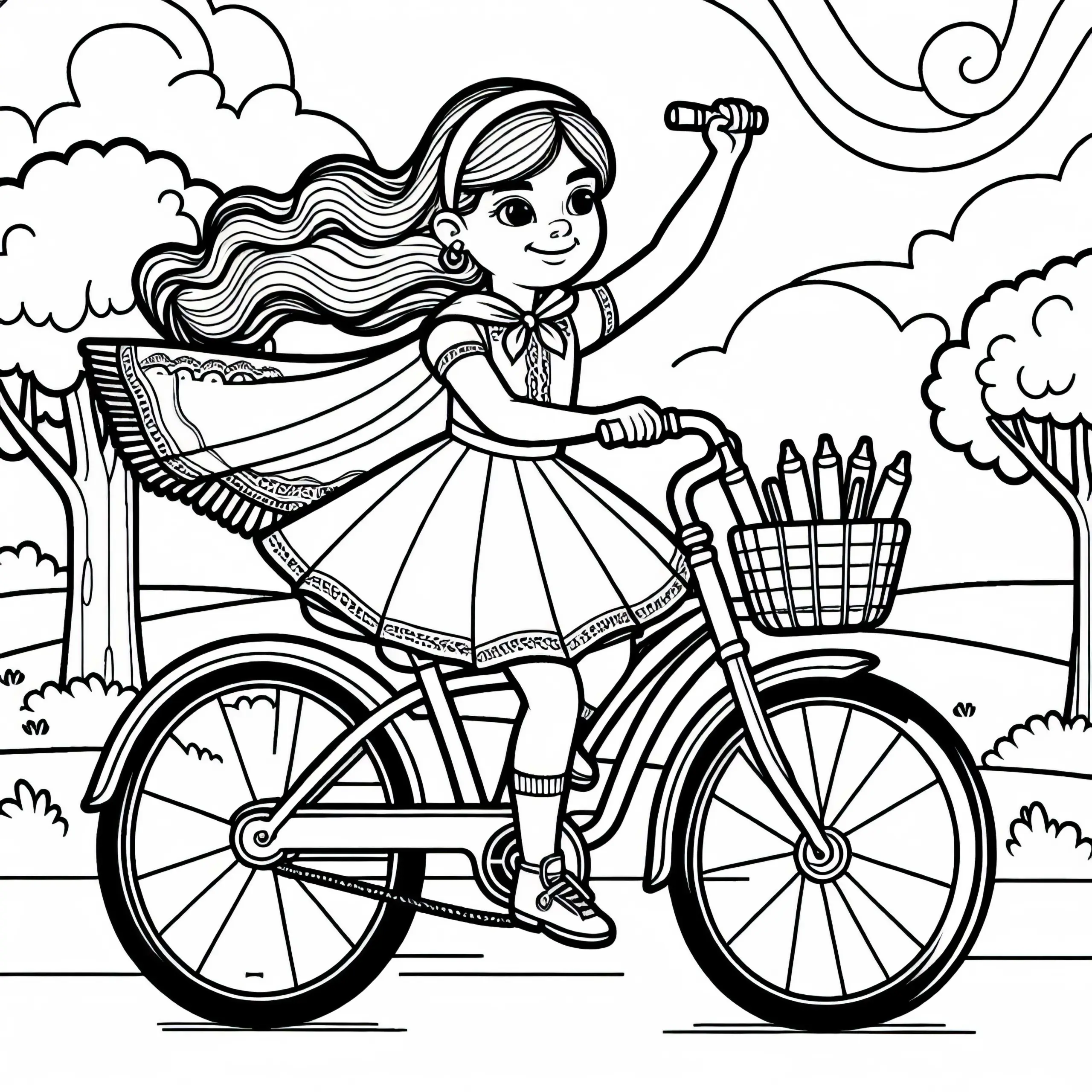 Kind beim Fahrradfahren – Malvorlage kostenlos (Ausmalbild)