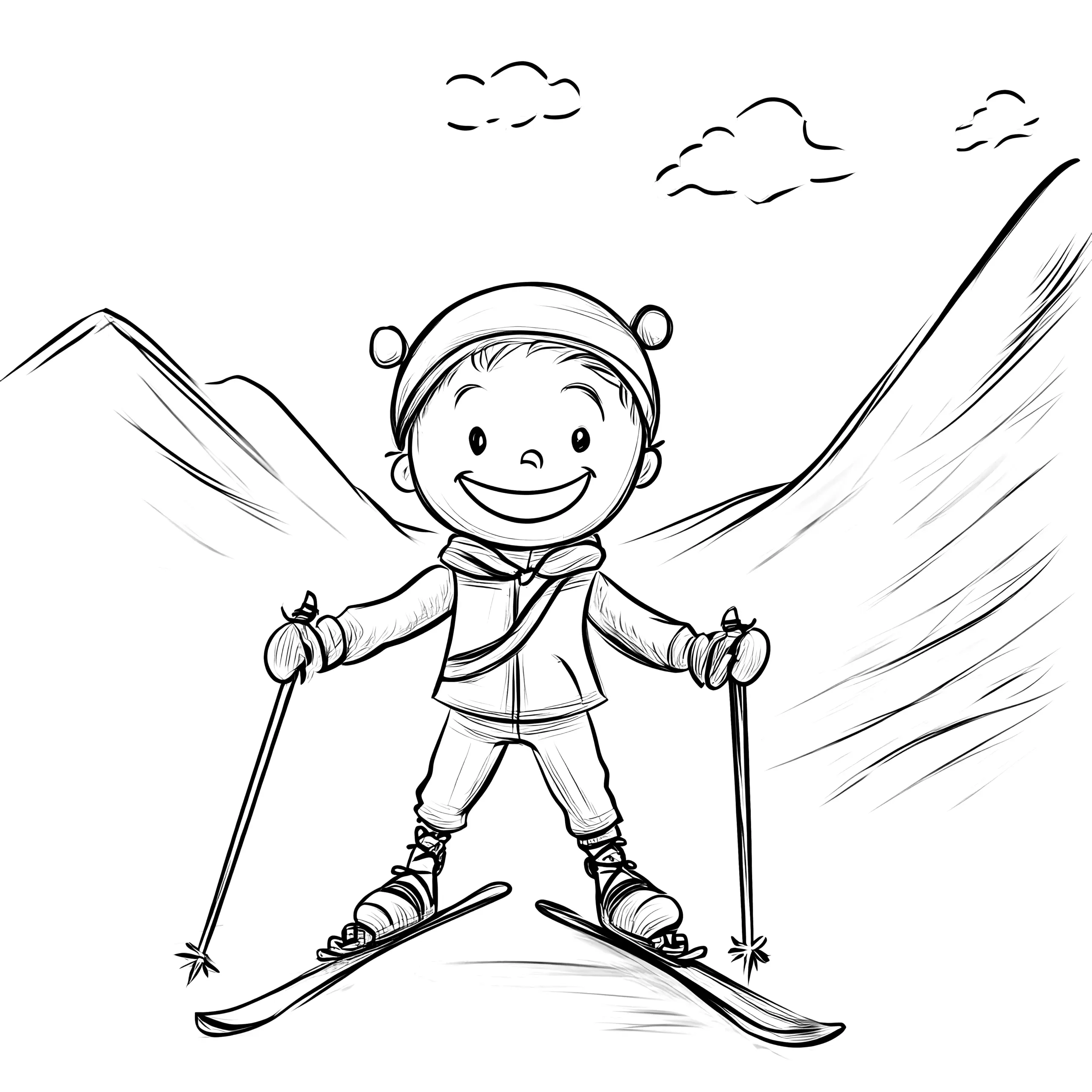 Kind beim Skifahren in den Bergen: Malvorlage gratis (Ausmalbild)