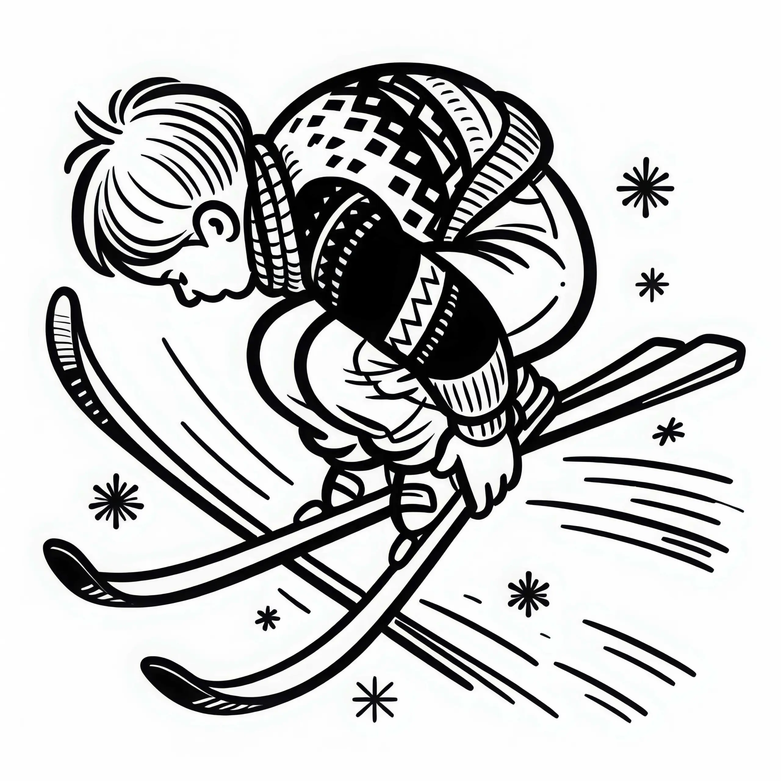 Kind beim Skispringen – Malvorlage einfach kostenlos (Ausmalbild)