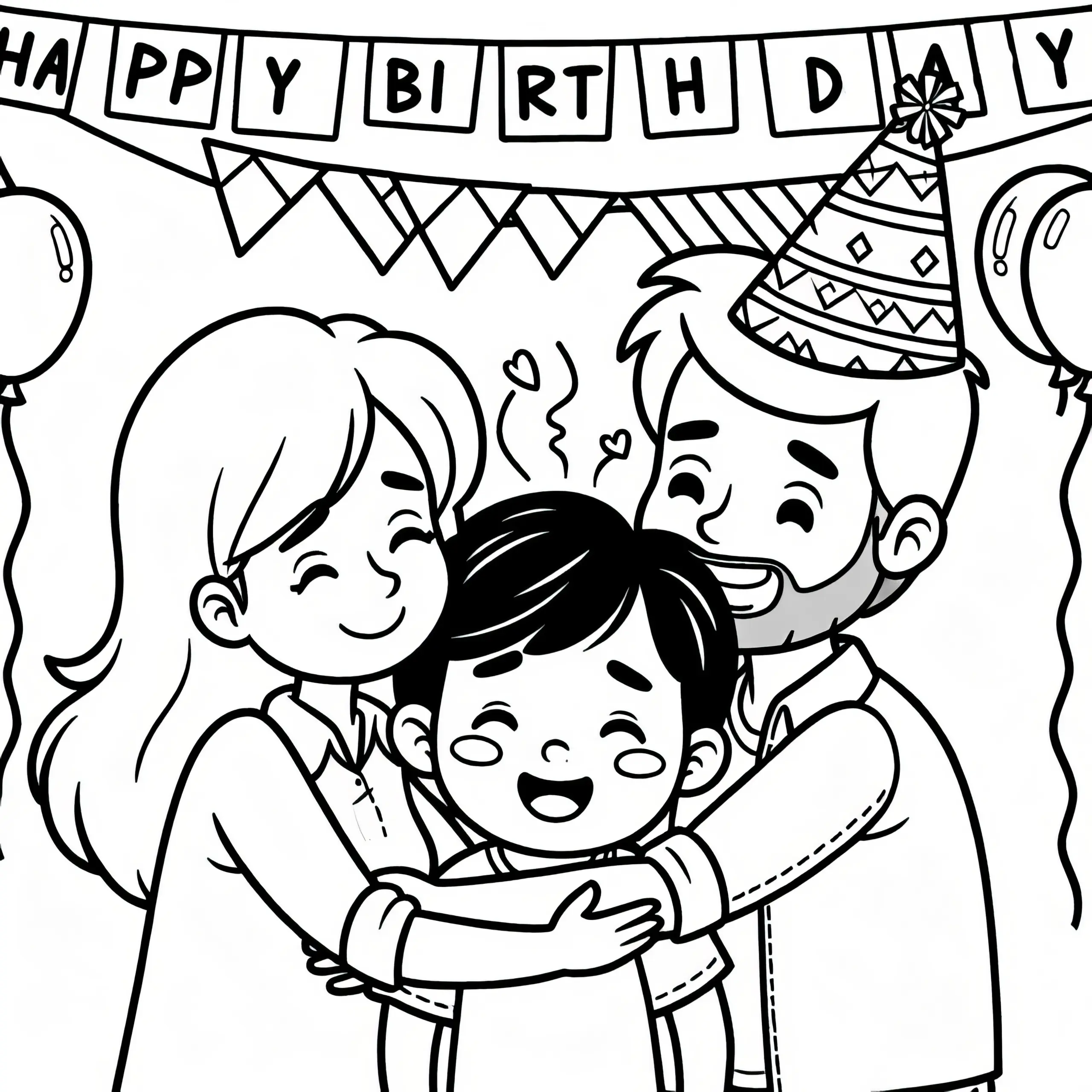 Kind bekommt Umarmung von Eltern zum Geburtstag: Malvorlage zum Download (Kostenlos) (Ausmalbild)