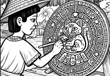 Ausmalbild für Kinder: Bemaltes Holzschild mit Jaguar-Symbol – Azteken Malvorlage gratis