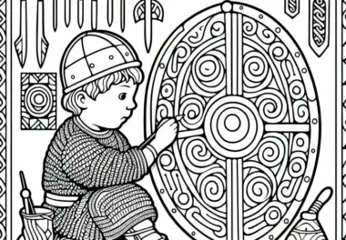 Kind bemalt Schild mit Mustern – Malvorlage Hunnen kostenlos