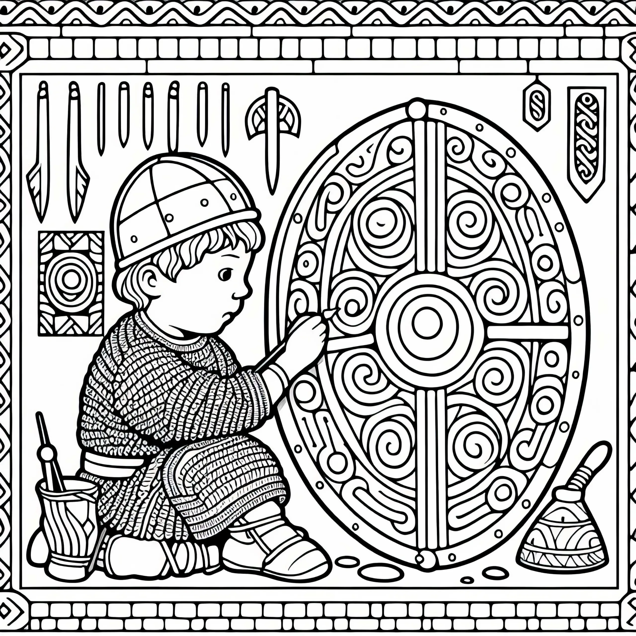 Kind bemalt Schild mit Mustern – Malvorlage Hunnen kostenlos (Ausmalbild)