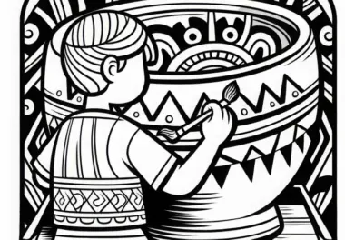 Kind bemalt Tonbecher mit geometrischen Mustern – Ausmalbild Maya gratis