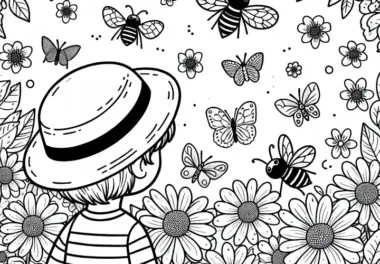 Kind beobachtet Bienen bei den Blumen – Malvorlage zum Ausmalen