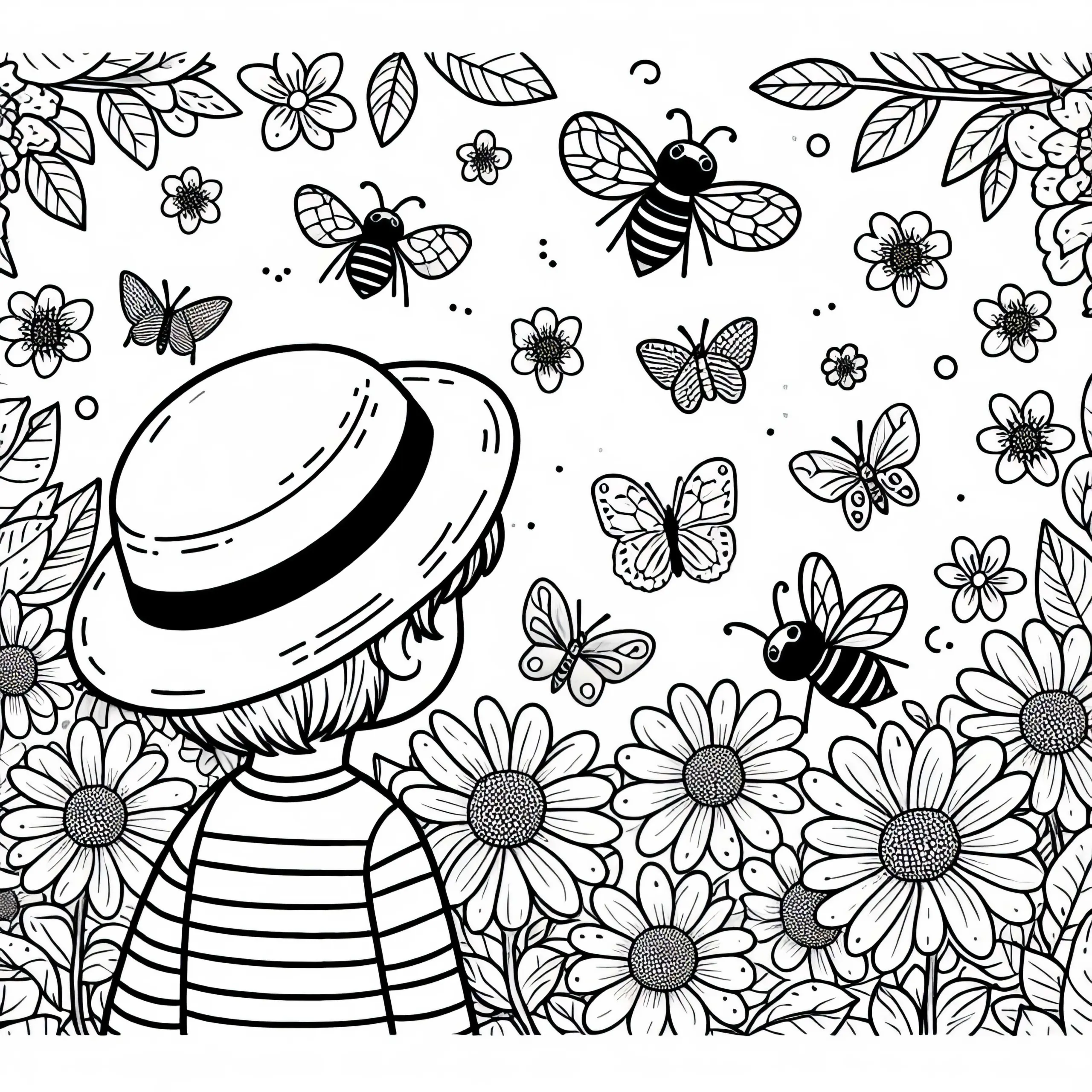 Kind beobachtet Bienen bei den Blumen – Malvorlage zum Ausmalen (Ausmalbild)