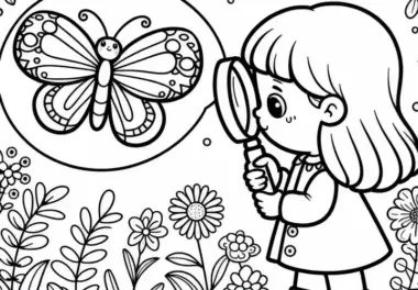 Kind beobachtet Schmetterling mit Lupenglas im Garten – Ausmalbild gratis