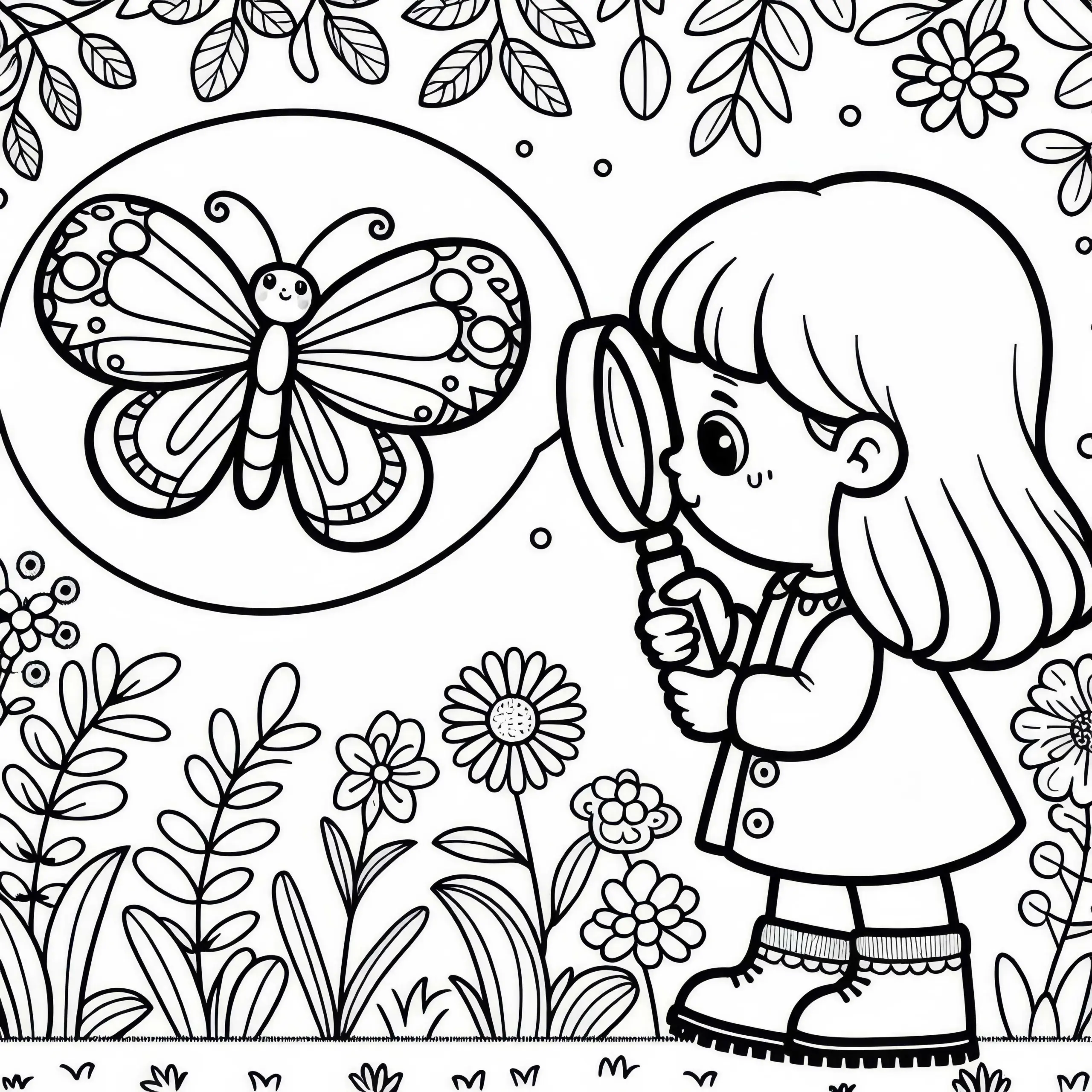 Kind beobachtet Schmetterling mit Lupenglas im Garten – Ausmalbild gratis