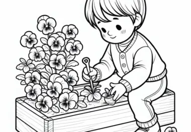 Kind bepflanzt Blumenkasten mit Stiefmütterchen – Ausmalbild zum Gratis-Download